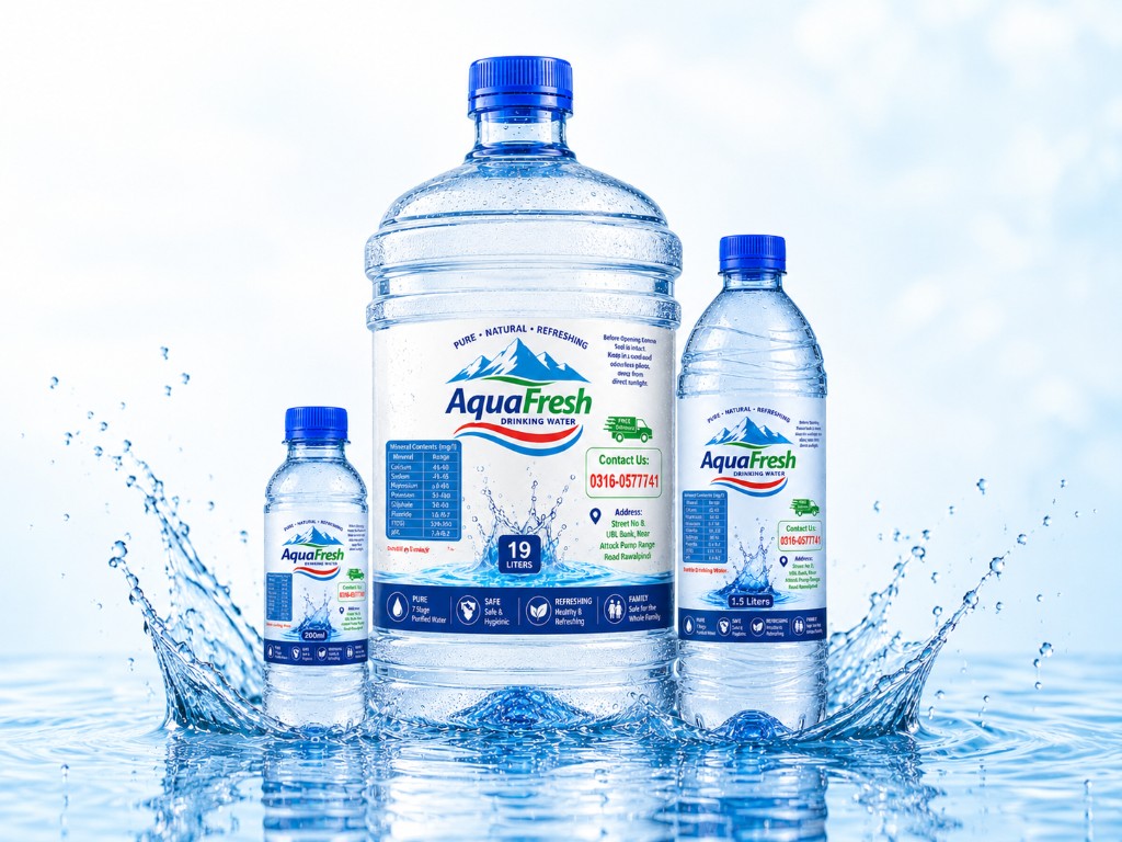 Aqua Fresh drinking water bottles with water splashes
