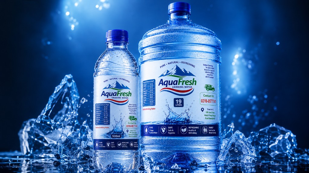 Aqua Fresh premium water bottles with ice and water splash
